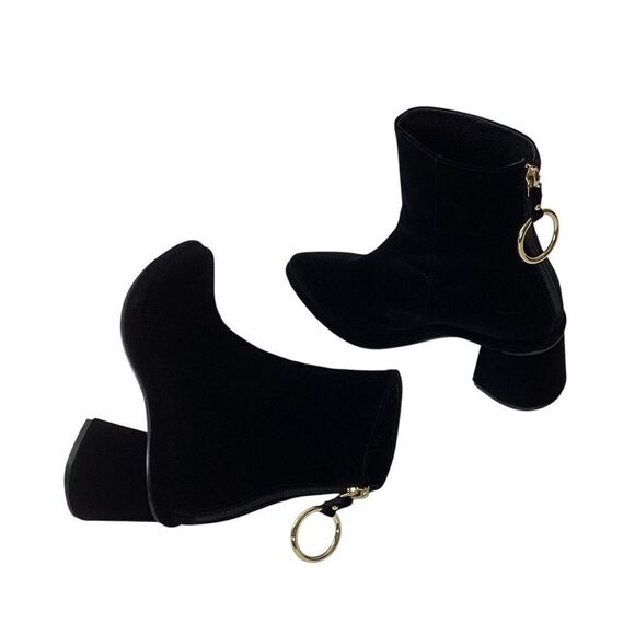 REIKE NEN Size 37.5 Velvet Ring Slim Boots Black Pointed Mid Heel Short Ankle - Picture 2 of 13